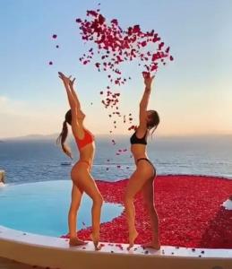 米克诺斯城塔吉甲沃米科诺斯酒店的两个穿着泳衣的女人站在冲浪板上,身上有鲜花