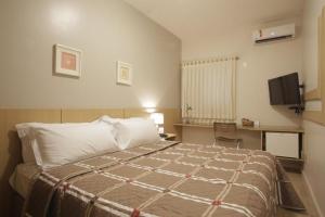 戈亚尼亚Castelo Inn Hotel的一间卧室配有一张大床和电视