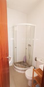 普拉亚Miras Guest House的带淋浴、卫生间和盥洗盆的浴室