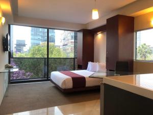 墨西哥城卡普里雷夫玛安琪380公寓式酒店的酒店客房设有一张床和一个大窗户