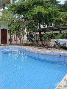 BonorejoSolo Nadamax City Guest House Syariah的一个带椅子和树木的大型蓝色游泳池