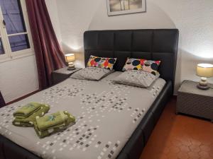 圣艾格夫Prime Rose的一间卧室配有一张带黑色床头板和枕头的床。
