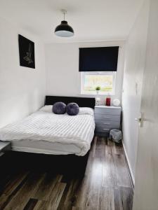 利兹2 Bedroom Cozy Chambers with free parking的一间卧室配有一张带紫色枕头的床