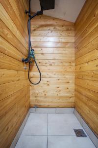 莫克拉戈拉Brvnara Iverak的一间带木墙和淋浴的桑拿浴室