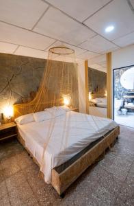 塔甘加Ambos Mundos Hotel Boutique的一间卧室配有一张大床和蚊帐