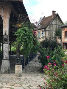 利翁拉福雷Chambre d’hôte Lyons la foret的村里一条鹅卵石街道,有房子和鲜花