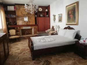 科洛皮奥Vaso' s Home的一间卧室配有一张大床和一个吊灯。
