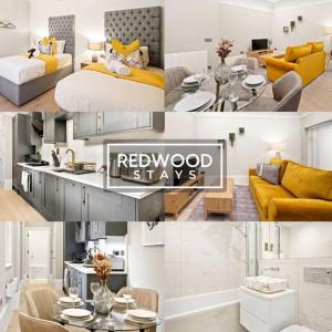 雷丁Premium 1 Bed 1 Bath Apartments For Corporates By REDWOOD STAYS的卧室和客厅的照片拼合在一起
