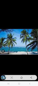 蒙巴萨SEBULENI LUXURY HOMESTAY - WALK TO NYALI BEACH Mombasa的电视上画着棕榈树海滩的照片