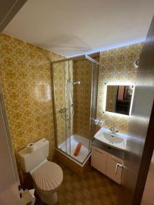 洛伊克巴德Montanji 11的带淋浴、卫生间和盥洗盆的浴室