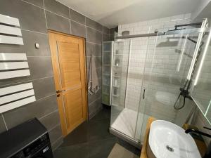 卢扎Piektais stāvs / 5th floor的一间带水槽和玻璃门淋浴的浴室