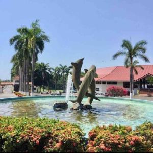 Pochote2Bdr Condo - Los Delfines Golf & Country Club - Large Patio - Beach of Playa Tambor - 24 hrs security的喷泉里两只海豚的雕像