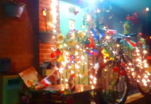 东考斯Marina,Families are welcome的室内以圣诞灯装饰的自行车