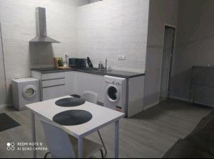 塞维利亚Estudio Palacio Congresos的厨房配有洗衣机和桌子。