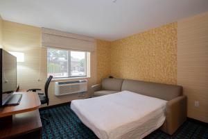 皇后区纽约皇后区/新鲜草原万豪费尔菲尔德套房酒店的配有一张床、一张书桌和一扇窗户的酒店客房