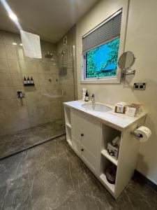 皇后镇Queenstown House Bed & Breakfast and Apartments的一间带水槽和淋浴的浴室
