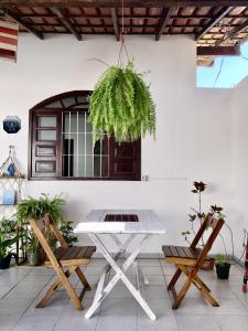 阿拉亚尔达茹达Odoyá Casa Hostel的种植了植物的庭院里的一张桌子和两把椅子