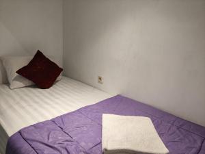珀尼达岛Ega S Hostel的一间小卧室,配有一张带紫色毯子的床