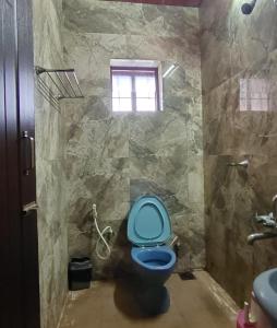 马迪凯里Coorg HillTown Hotel - Madikeri的一间带蓝色卫生间的浴室和窗户。