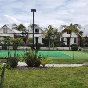 罗托鲁瓦Kuirau Chalet Villa 3-bedroom Twin Lake的一个带绿色网球场的网球场