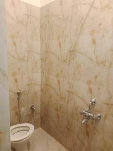 克久拉霍Hotel Rudra Palace的一间带卫生间和大理石墙的浴室