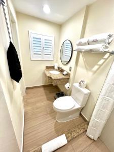 提华纳凯撒酒店的一间带卫生间、水槽和镜子的浴室