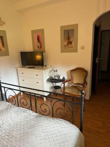 卡尔洛夫ZACISZE的一间卧室配有一张床、一台电视和一把椅子