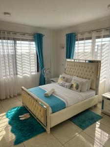 基苏木Nyachaba Apartment的一间卧室配有一张带蓝色窗帘的大床