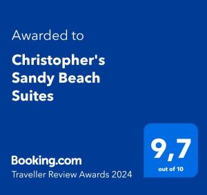 阿依纳帕Christopher's Sandy Beach Suites的给海滩的文字的电话屏幕