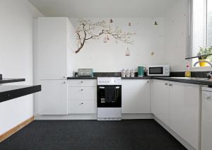 诺里奇Lovely 3 bedroom house with free parking & garden的厨房配有白色橱柜和黑白烤箱。