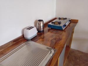 Mdudu MdogoPongwe Eco Lodge and kitten paradise.的木柜台上的烤面包机和烤面包机