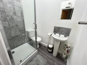 考文垂Coventry station Deluxe studio的带淋浴、卫生间和盥洗盆的浴室