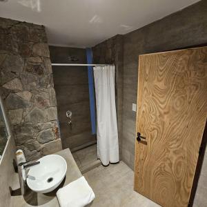 普尔马马尔卡Cabañas Bodega Kindgard的一间带水槽和门淋浴的浴室