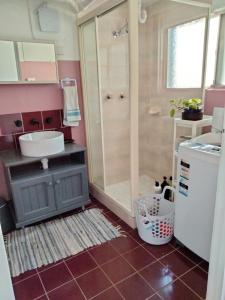 卧龙岗Koloona的带淋浴、盥洗盆和卫生间的浴室