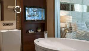 伊斯坦布尔Elite World Grand Istanbul Basın Ekspres的带浴缸、电视和卫生间的浴室。