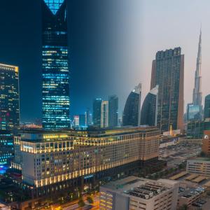 迪拜Ritz Carlton DIFC Downtown Dubai的享有城市天际线的美景。
