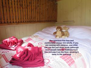 灵伍德Fernwood的两只泰迪熊坐在床上,带粉红色毛巾