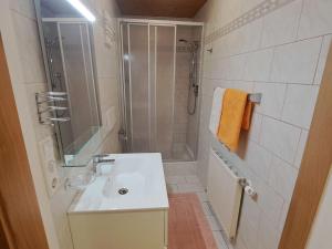 OberwangApartment Waldfrieden by Interhome的带淋浴和盥洗盆的白色浴室