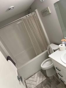 温尼伯Private Basement Suite with comfort的带淋浴、卫生间和盥洗盆的浴室