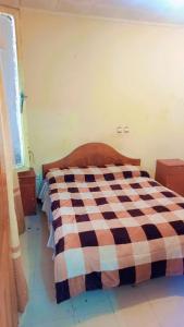 亚的斯亚贝巴Moji pension的一间卧室配有一张带 ⁇ 子毯子的床