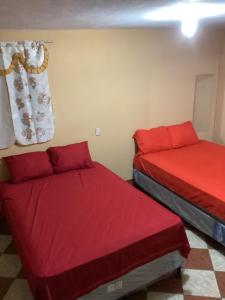 圣佩德罗拉拉古纳CASA BATZ #1的红色床单的客房内的两张床