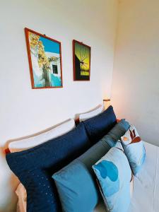 伊塔卡雷Vila Boa Vista Itacaré的客厅配有带蓝色枕头的沙发