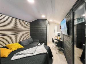 HyrynsalmiHoliday Home Rakkaranta c- henry ford cabin two skipa by Interhome的一间卧室配有一张床、一张沙发和一张书桌