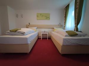 福尔巴赫Room in Guest room - Pension Forelle - Doppelzimmer的红地毯间内的两张床