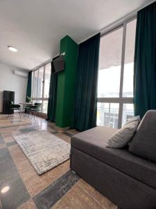 都拉斯Cactus Apartments的带沙发和绿色墙壁的客厅