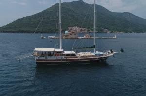 蒂瓦特Traditional Sailing Yacht的水中的小船,背景是山