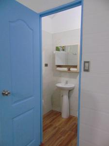 阿西斯港Hostal Suna Vito的一间带水槽和蓝色门的浴室