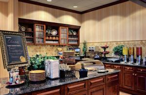 东拉瑟福德新泽西州梅多兰兹东拉瑟福德希尔顿惠庭套房酒店的厨房配有带盘子和餐具的柜台