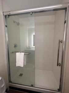 亚瑟港Holiday Home Park Central Port Arthur的浴室里设有玻璃门淋浴