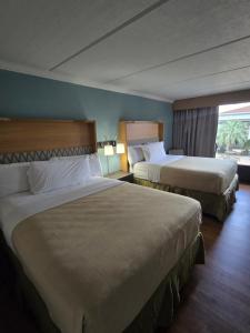 亚瑟港Holiday Home Park Central Port Arthur的酒店客房设有两张床和窗户。